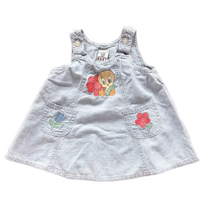 Vintage Kids Baby Warner Bros Denim Tweety Bird Floral Embroidered Dress Size 6M